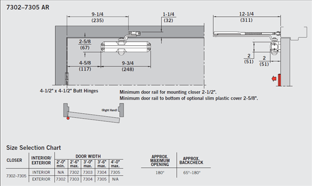 7300 Surface Door Closer Technical Drawing